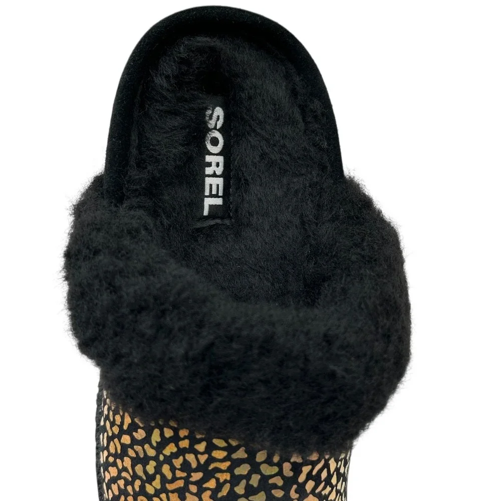 SOREL Nakiska Youth‎ Girls Faux Fur Slippers Size 1 Black Gold Animal Print Warm